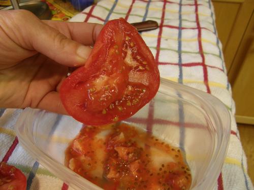 A hand squeezing a slice of tomato into a clear container. Photo by Cheryl Moore-Gough
